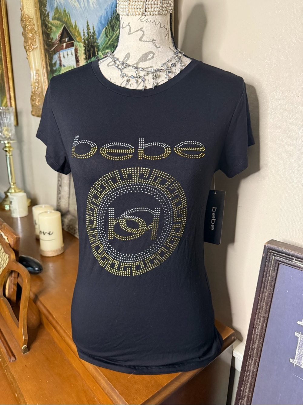 Bebe Royal Black  Short-Sleeve Tee with Metallic Gold Logo NWT